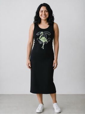 Black Tank Midi Dress with Green Flamingo Logo| bodycon dress Black dress
